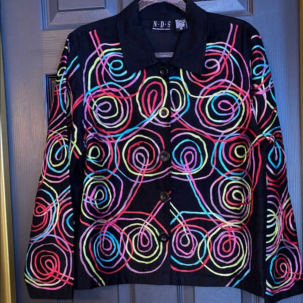Women's Black Blazer with Vibrant Swirl Patterns
